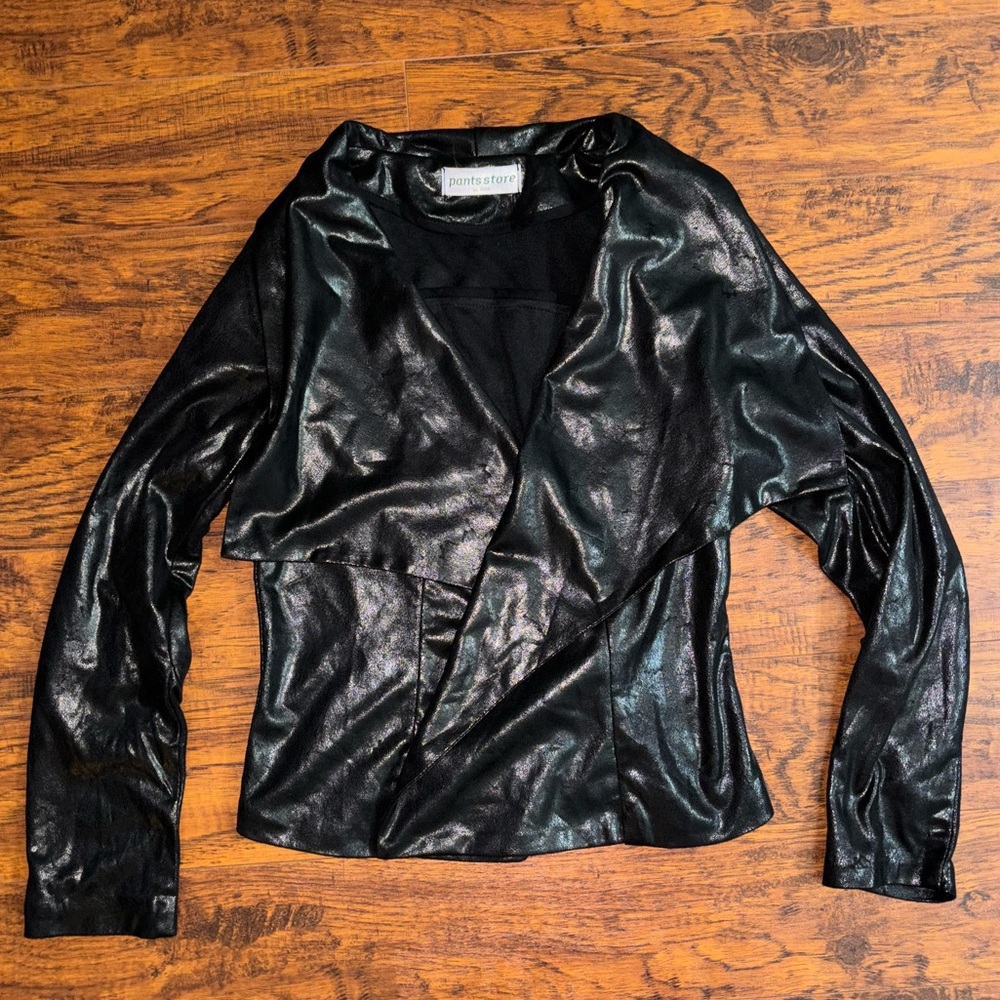 Pants Store Faux Leather Jacket Black Open-Front Draped Thin Lightweight Coat